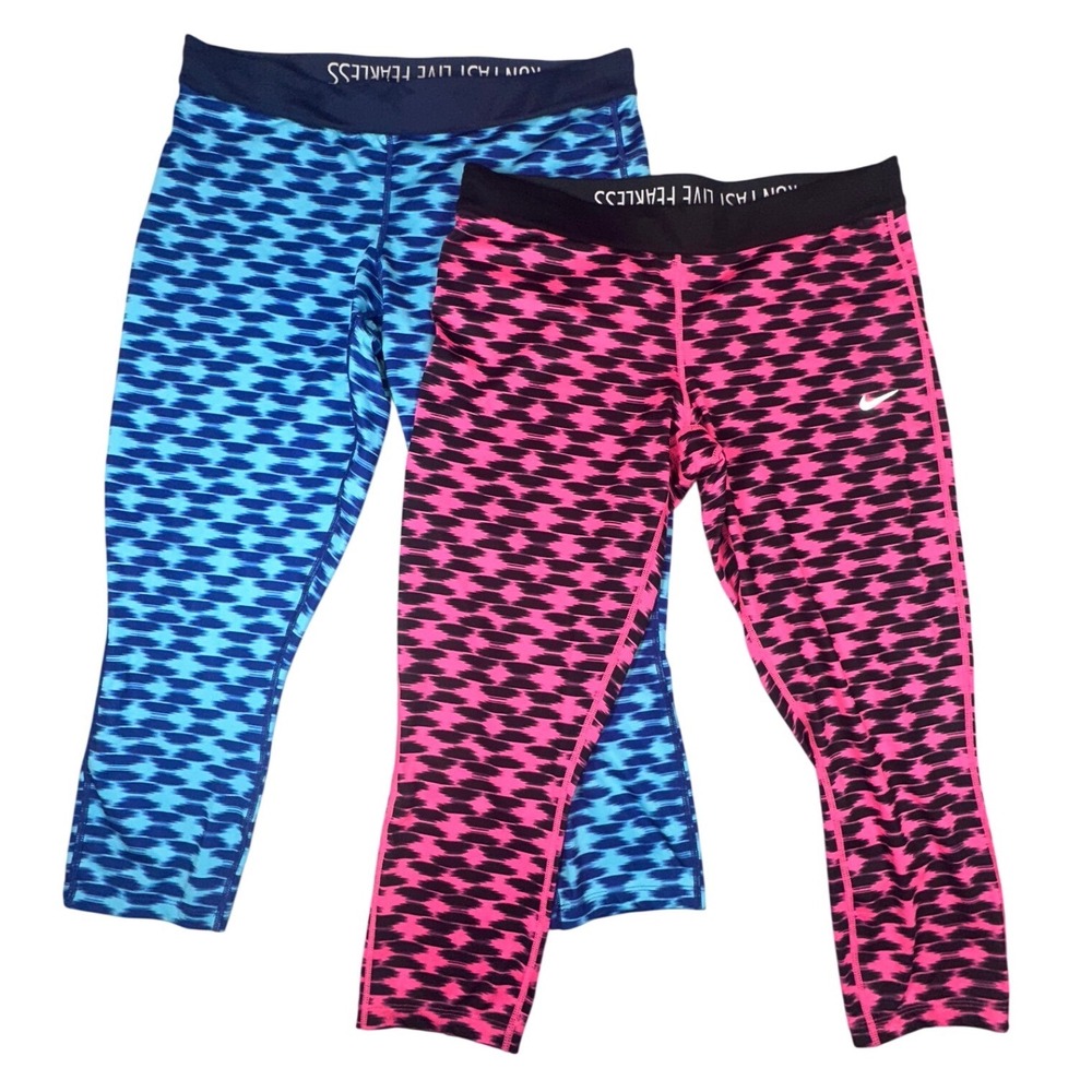 2 pair Nike Dri-FIT Womens Capri Leggings Lot of Pink Blue Geometric Run Fast XL